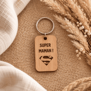 Porte-clés Super maman en bois découpé et gravé au laser