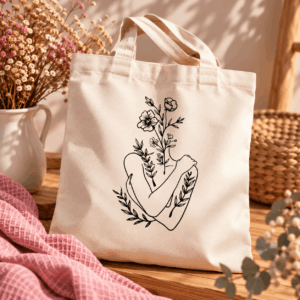 Sac réutilisable avec buste de femme et tête fleurie