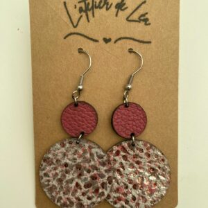 Boucle d'oreille pendante double rond un rose et un rose et argent pailleté