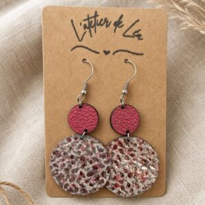 Boucle d'oreille pendante double rond un rose et un rose et argent pailleté