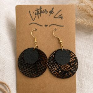 Boucle d'oreille en cuir double rond couleur noir et doré