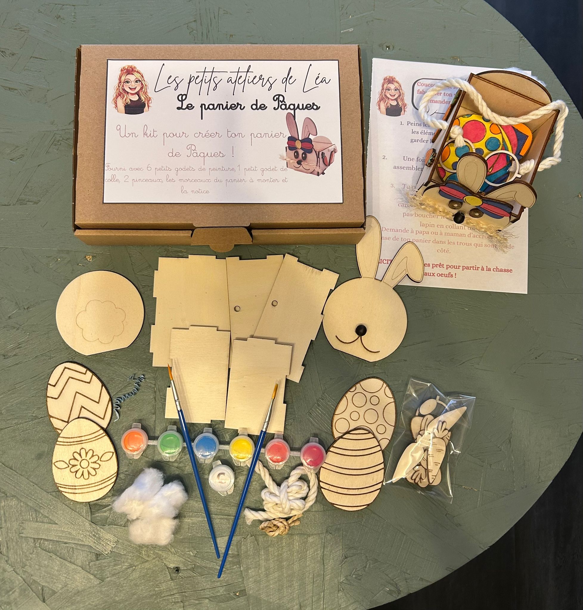 Contenu kit panier de Pâques lapin enfant peinture pinceaux bois coton