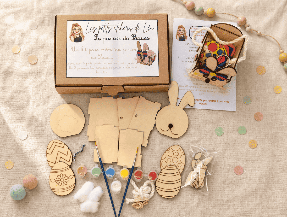 Contenu kit panier de Pâques lapin enfant peinture pinceaux bois coton