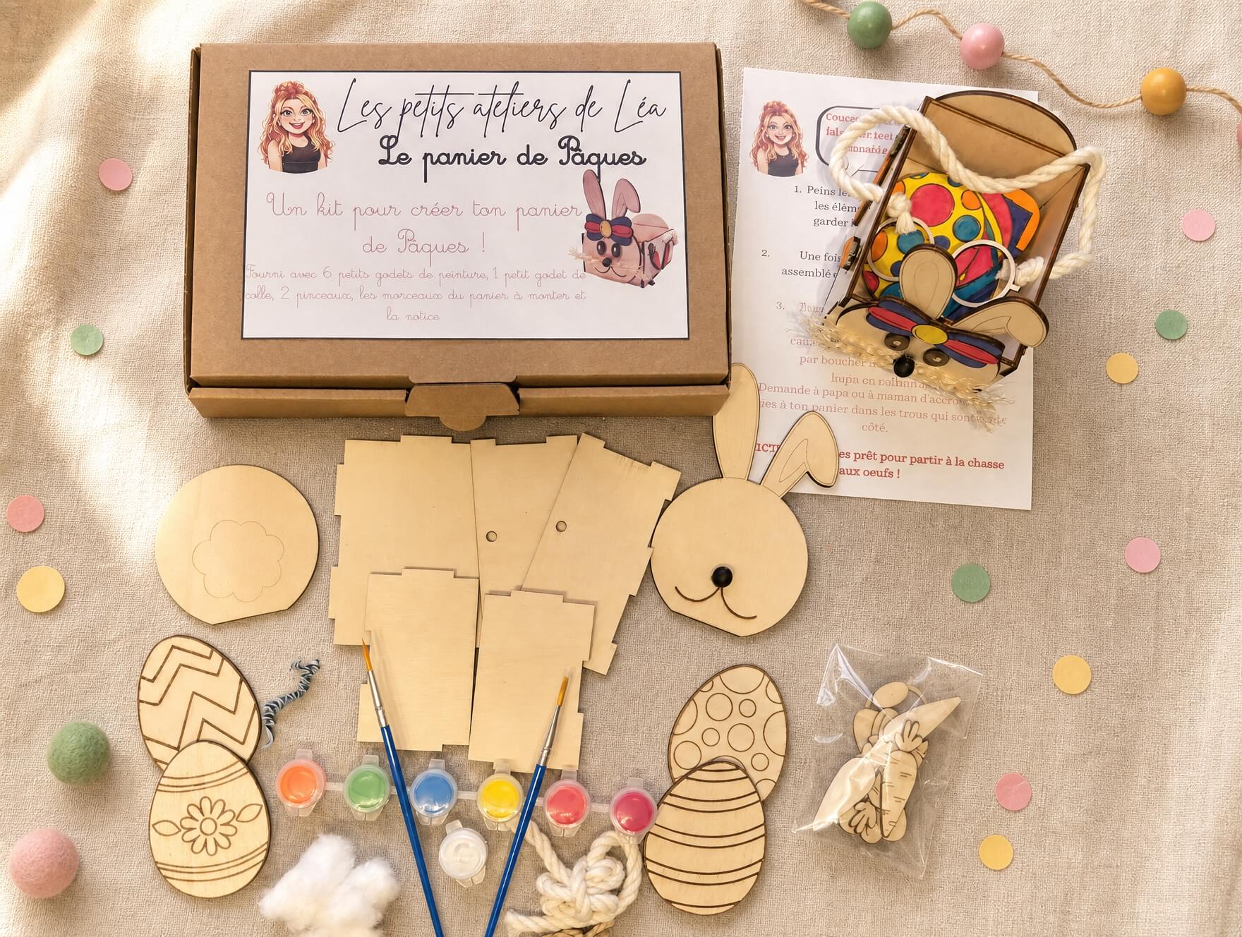 Contenu kit panier de Pâques lapin enfant peinture pinceaux bois coton Contenu kit panier de Pâques lapin enfant peinture pinceaux bois coton