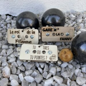 Compteurs de points de pétanque porte-clés en bois gravés avec messages humoristiques