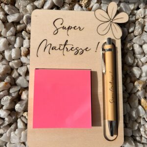 Support post-it en bois avec stylo personnalisé Super Maîtresse