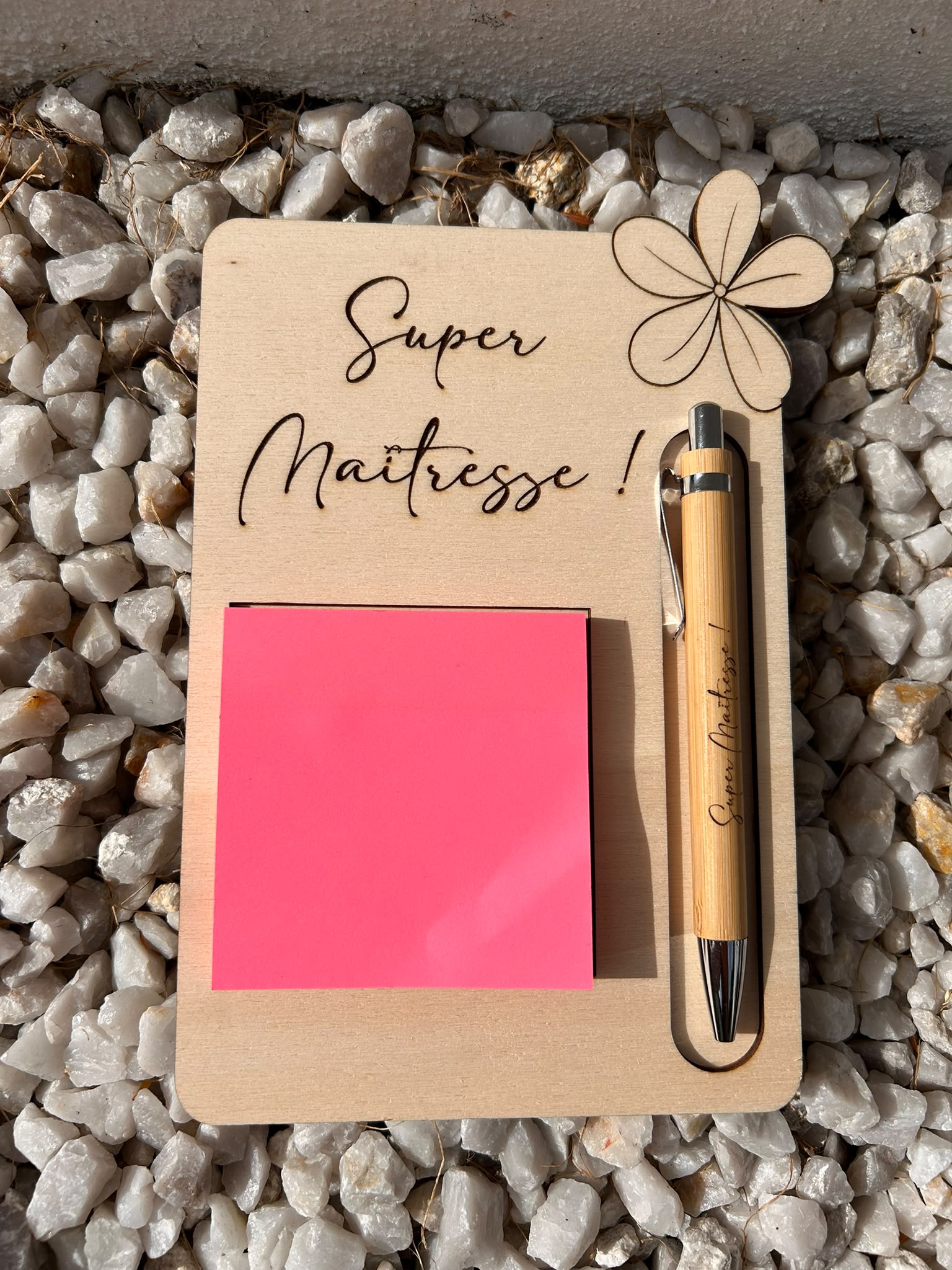 Support post-it en bois avec stylo personnalisé Super Maîtresse