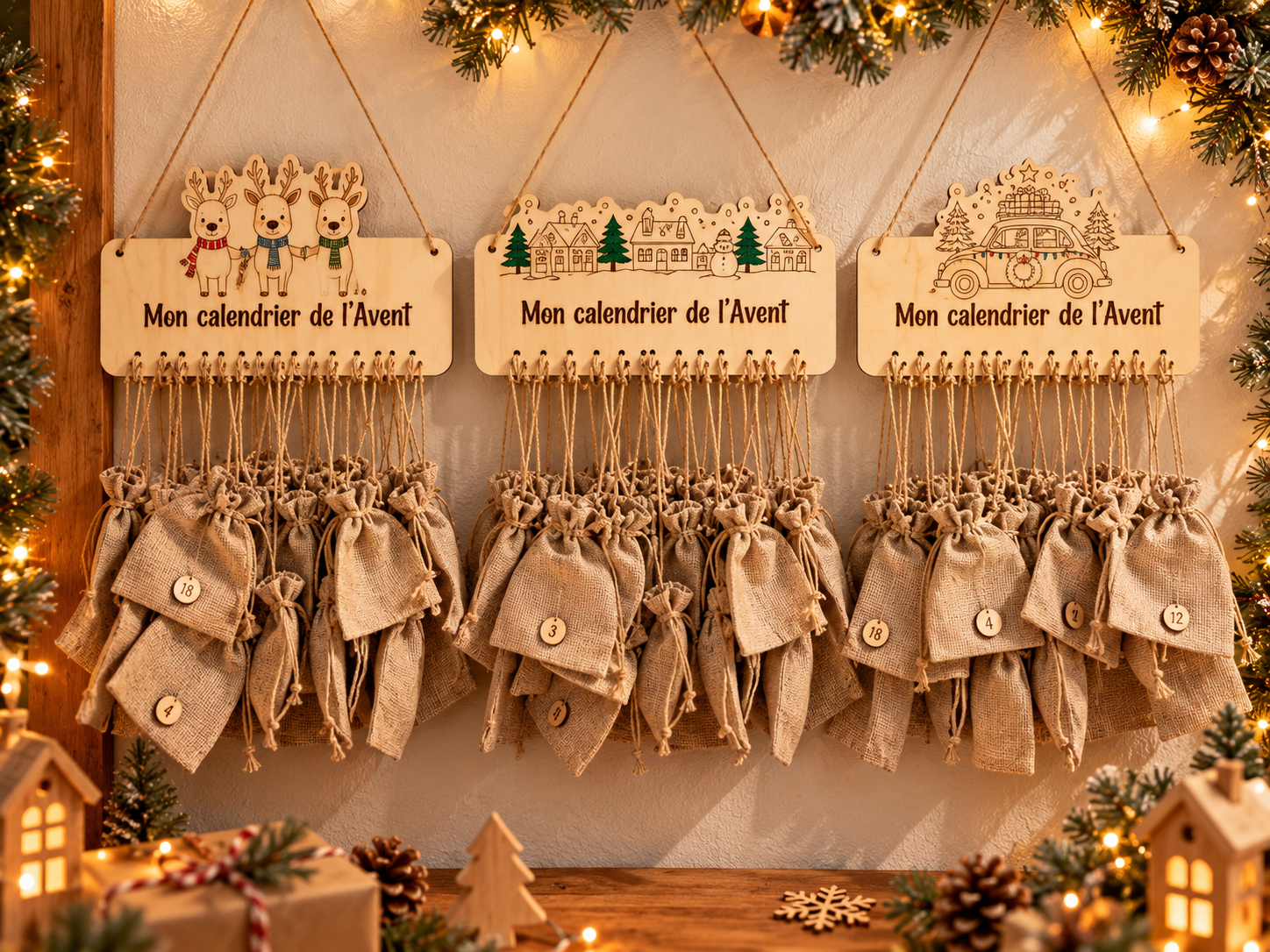 calendriers de l’avent en bois et jute Calendrier de l'Avent à suspendre avec 25 sachets numérotés