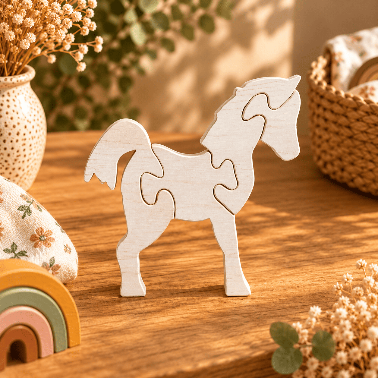 cheval puzzle en bois sous lumière douce Puzzle cheval en bois à assembler pour enfant