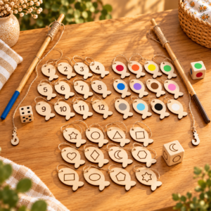 Jeu de pêche à la ligne enfant en bois avec chiffres couleurs et formes