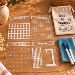 Jeux de voyage pour enfant avec morpion puissance 4 pendu et traits et cases