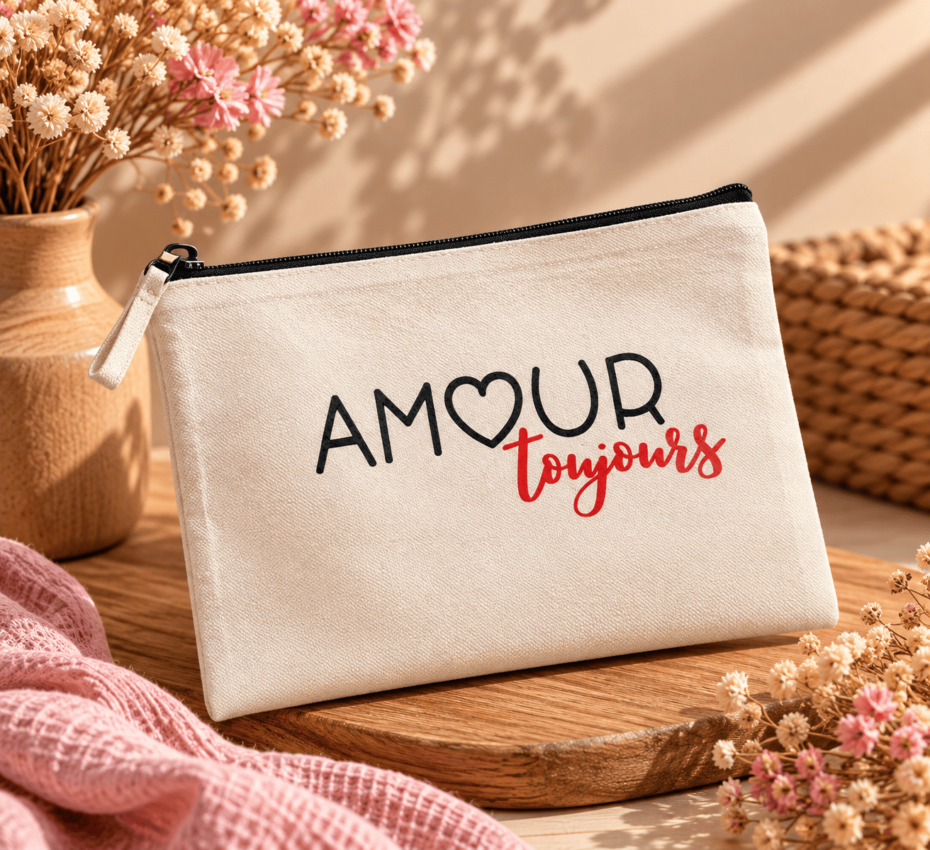 pochette amour, fleurs séchées et lumière dorée Pochette Amour toujours avec inscription noire et rouge