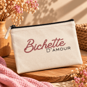 Pochette Bichette d'amour avec inscription rose pailletée