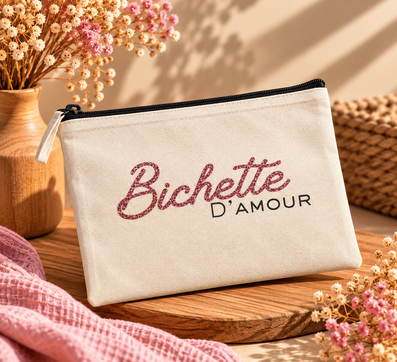 pochette « bichette d’amour » chaleureuse Pochette Bichette d'amour avec inscription rose pailletée