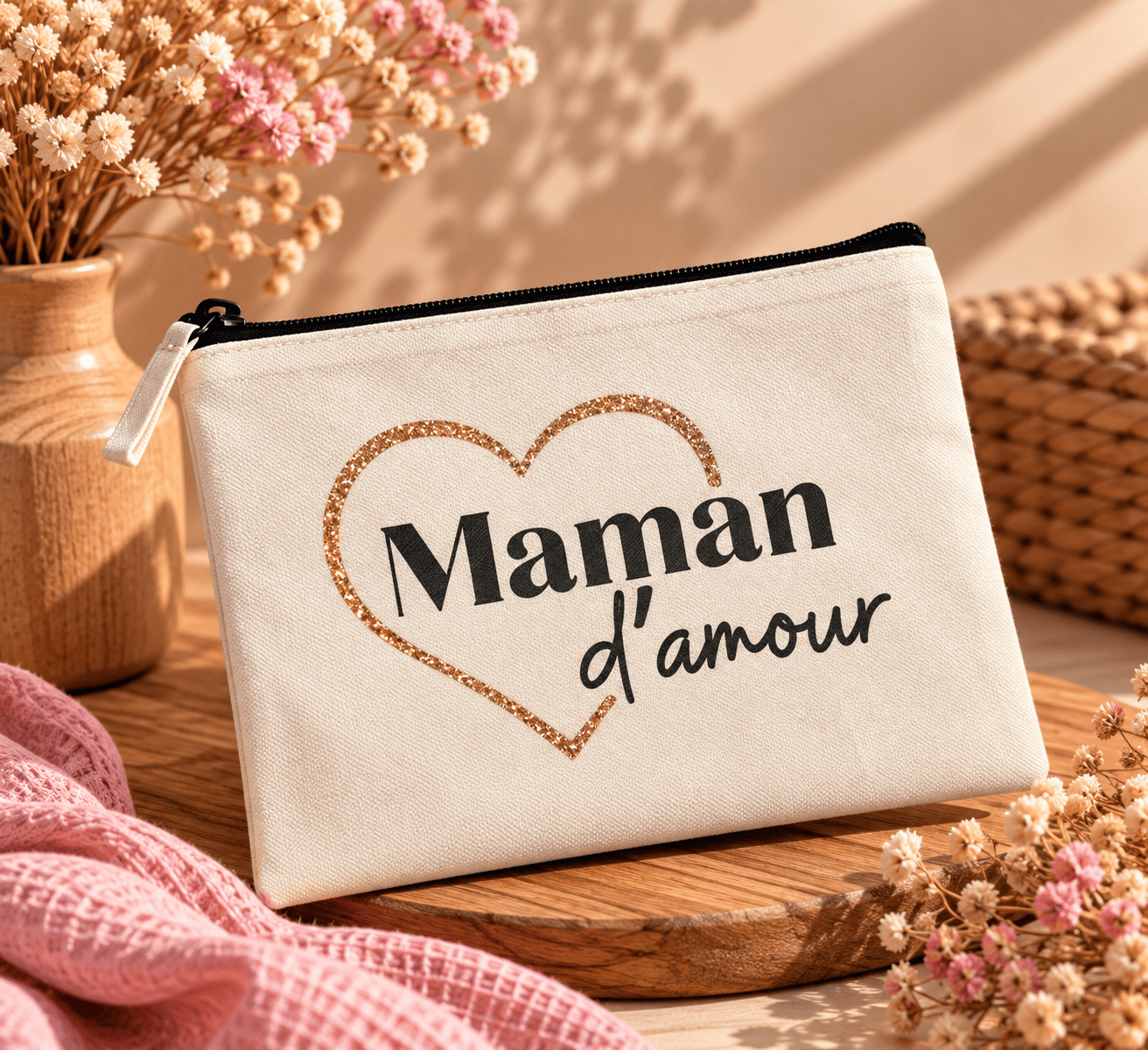 pochette « maman d’amour » lumineuse Pochette Maman d'amour avec cœur doré pailleté