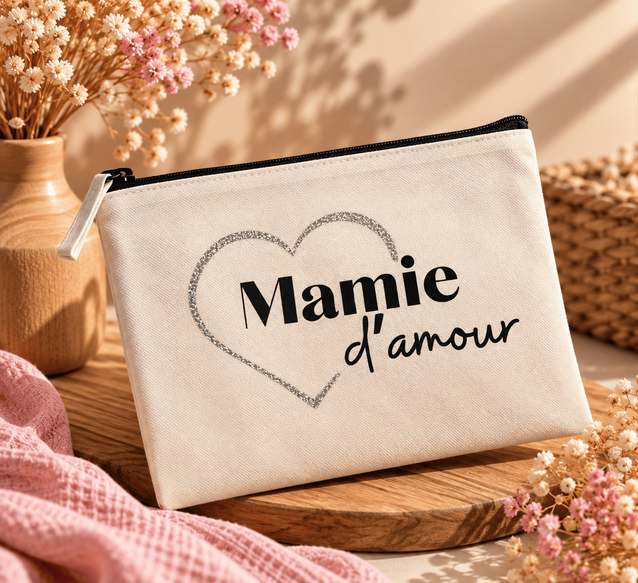 pochette « mamie d’amour » florale Pochette Mamie d'amour avec cœur argenté pailleté