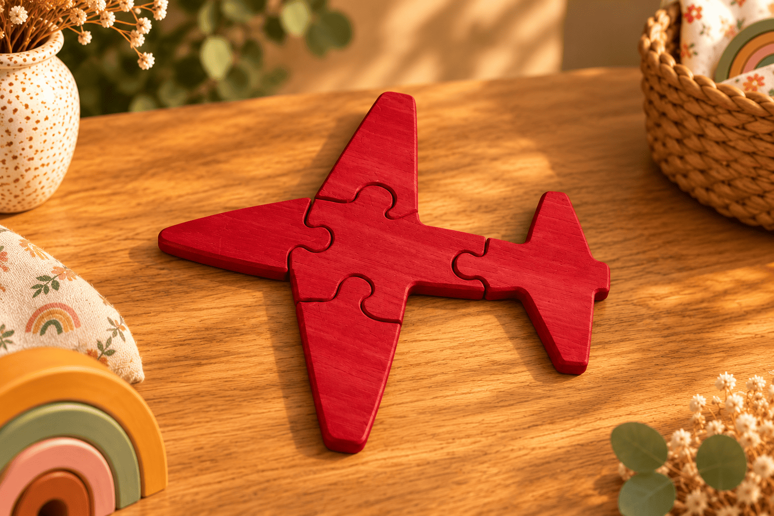 puzzle avion rouge sur table en bois Puzzle avion en bois rouge à assembler pour enfant