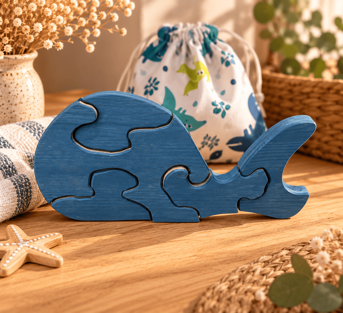 puzzle baleine en bois artisanal (3) Puzzle baleine en bois bleu chantourné et peint à la main
