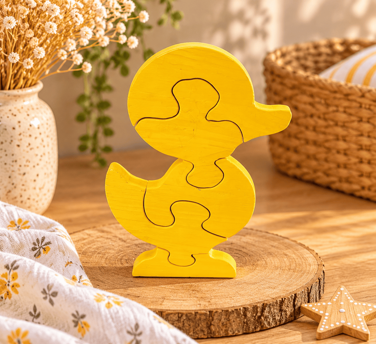 puzzle canard jaune sur rondin (1) Puzzle canard en bois jaune à assembler pour enfant