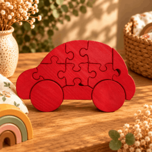 Puzzle voiture en bois rouge à assembler pour enfant