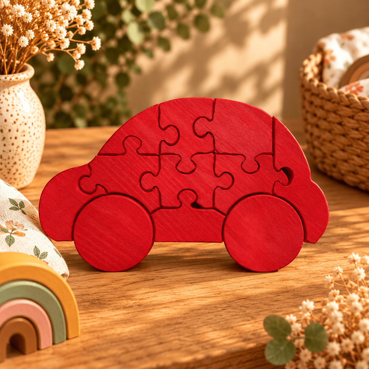 puzzle car rouge en bois, ambiance chaleureuse Puzzle voiture en bois rouge à assembler pour enfant