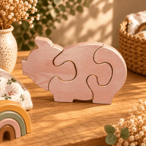 Puzzle cochon en bois rose à assembler pour enfant